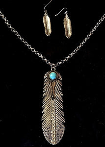 Western Silver & Turquoise Feather Necklace and Matching Earrings