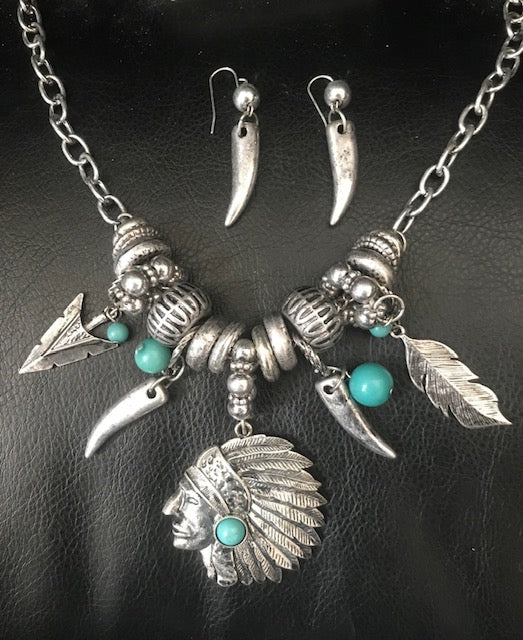 Western Indian Chief Necklace & Matching Bone Earrings