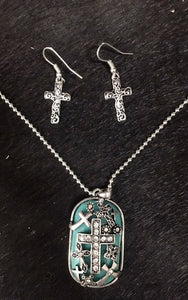 Western Silver & Turquoise Cross Dog Tag Necklace and Earrings