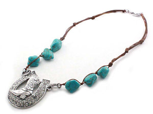 Antique Silver Cowboy Boot Necklace with Crystal Horseshoe and Turquoise Beads