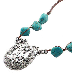Antique Silver Cowboy Boot Necklace with Crystal Horseshoe and Turquoise Beads