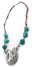 Load image into Gallery viewer, Antique Silver Cowboy Boot Necklace with Crystal Horseshoe and Turquoise Beads