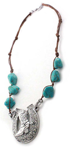 Antique Silver Cowboy Boot Necklace with Crystal Horseshoe and Turquoise Beads