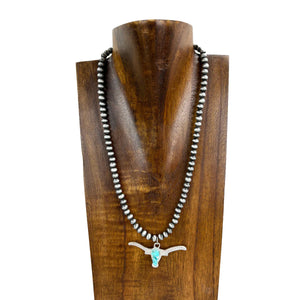 Navajo Pearl Necklace (17") with Metal Long Horn Pendant