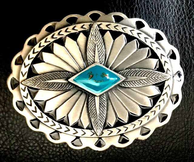 Ladies' Southwestern Buckle with Turquoise Stone & Feathers