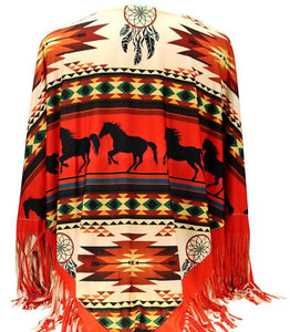"Aztec Horse" Western Poncho - Orange