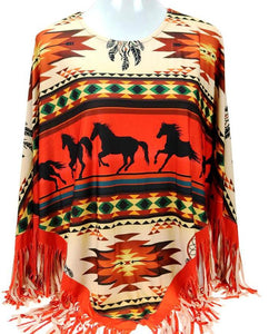 "Aztec Horse" Western Poncho - Orange