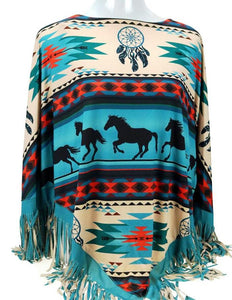 "Aztec Horse" Western Poncho - Turquoise