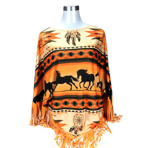 "Aztec Horse" Western Poncho - Brown