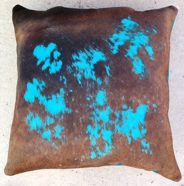 Genuine Cowhide Accent Pillow - Brown & Turquoise
