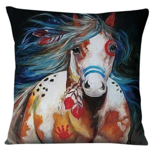 "Painted Horse with Feathers" Accent Pillow 18" x 18"