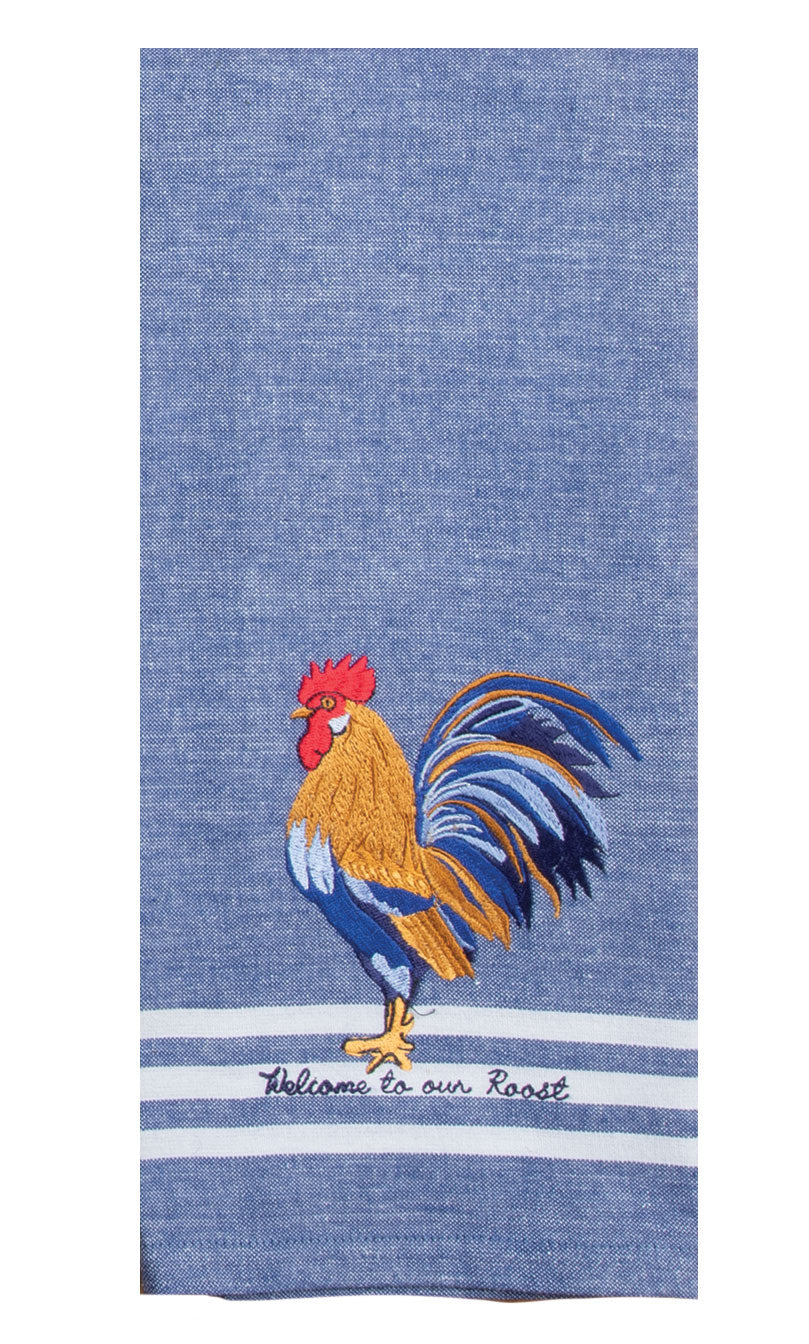 Blue Rooster Embroidered Tea Towel