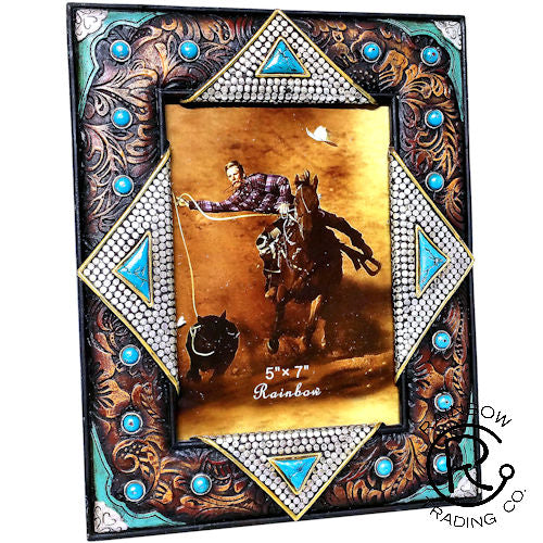 Western Silver Nail and Faux Leather Tooled Photo Frame - 5