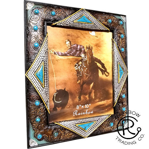 Western Silver Nail and Faux Leather Tooled Photo Frame - 8