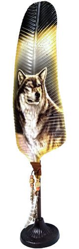 Metal Feather Stand with Wolf Picture
