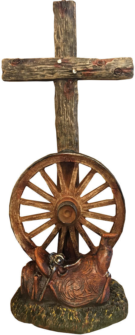 Wagon Wheel & Saddle Standing Cross