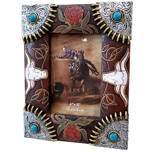 Double Longhorn & Flowers Photo Frame - Choose From 2 Sizes!