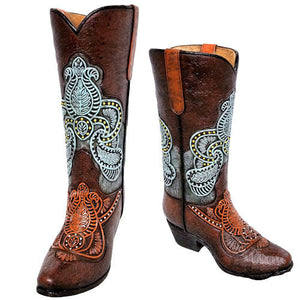 Tooled Leather Look Cowboy Boot Vase