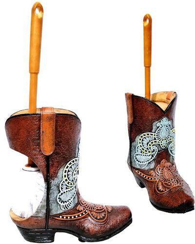 Western Tooled Leather Look Boot Toilet Brush Holder