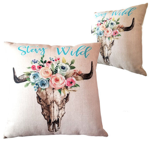 Floral Cow Skull Accent Pillow