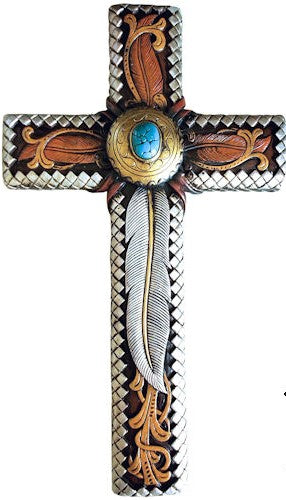 Silver Feather Wall Cross with Turquoise Stone