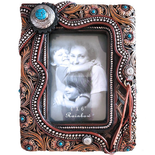 Leather Look Photo Frame with Turquoise Stone - 4