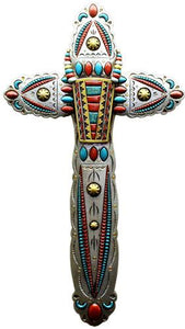 Southwestern Silver Wall Cross with Turquoise and Red Stones