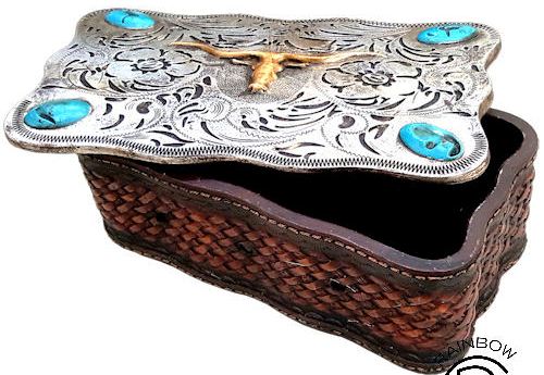 Longhorn Silver & Turquoise Basketweave Trinket Box