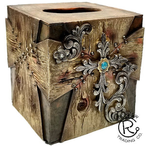 Western Wood Look Tissue Box with Cross