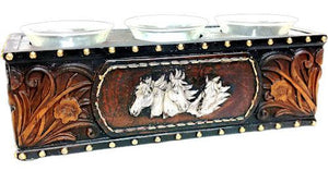 Western Horse Tooled 3-Votive Candle Holder