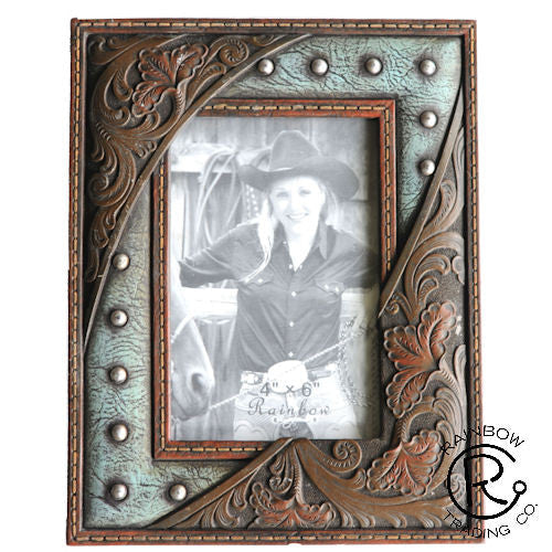 Western Turquoise w/Nail and Tooled Leather Look Photo Frame - 4