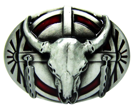 Cow Skull Metal Belt Buckle - Red