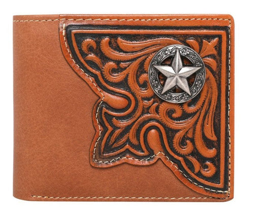 Genuine Leather Tooled  Men's Bi-Fold Wallet with Star Concho- Choose From 3 Colors!