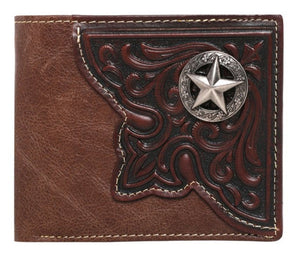 Genuine Leather Tooled  Men's Bi-Fold Wallet with Star Concho- Choose From 3 Colors!