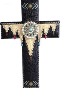 Black Silver Turquoise Stone Concho Resin Texture Wall Cross 11.5"