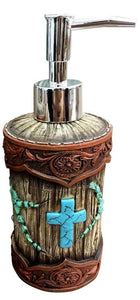 Wood Like Tooled Leather Resin Soap/Lotion Dispenser with Cross
