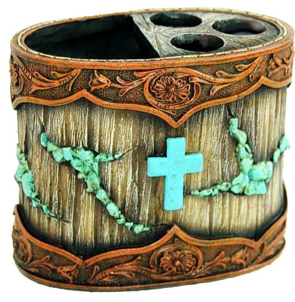 Wood Like Tooled Leather Resin Toothbrush Holder with Cross