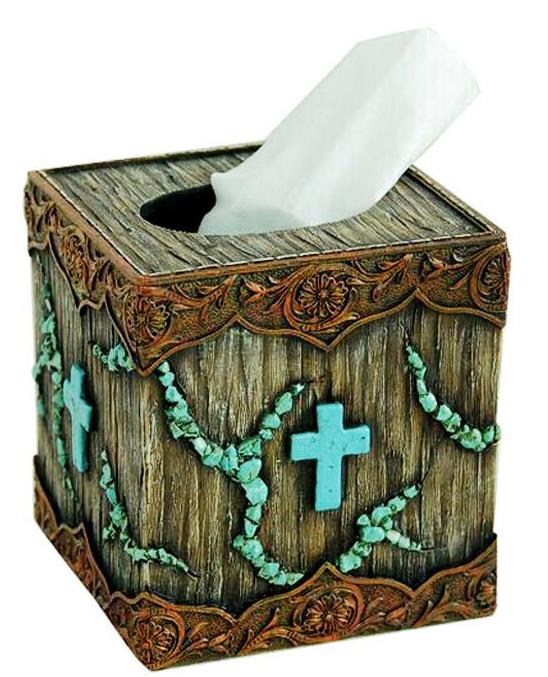 Wood Like Tooled Leather Resin Tissue Holder with Cross