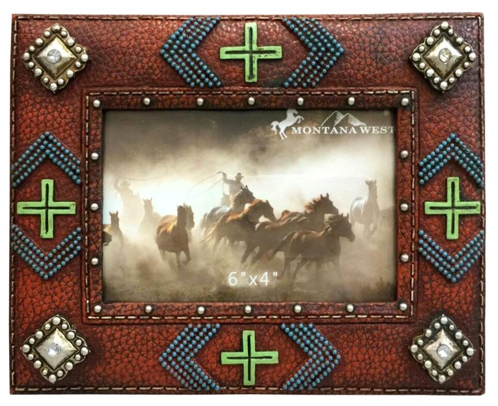 Western Beaded and Multi Crosses Resin Texture Brown Color Photo Frame