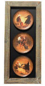 Western Triple Rodeo Scene with Wood Frame