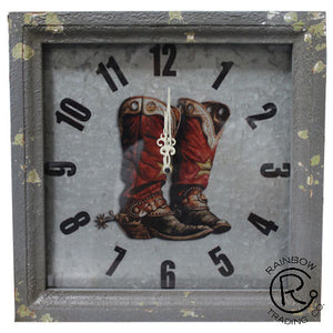 Western Clock with Cowboy Boots on Metal and Wood Frame