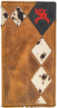 Load image into Gallery viewer, &quot;Roughy Crazy Horse&quot; Diamond Patchwork Cutout Rodeo Wallet with Salt n Pepper Hair On Leather Inlay and Red Embroidered Roughy Logo