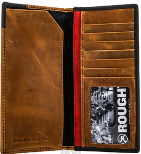 "Roughy Crazy Horse" Diamond Patchwork Cutout Rodeo Wallet with Salt n Pepper Hair On Leather Inlay and Red Embroidered Roughy Logo