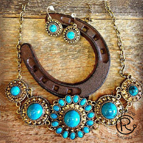 Western Turquoise Beaded with Gold Necklace and Matching Earrings