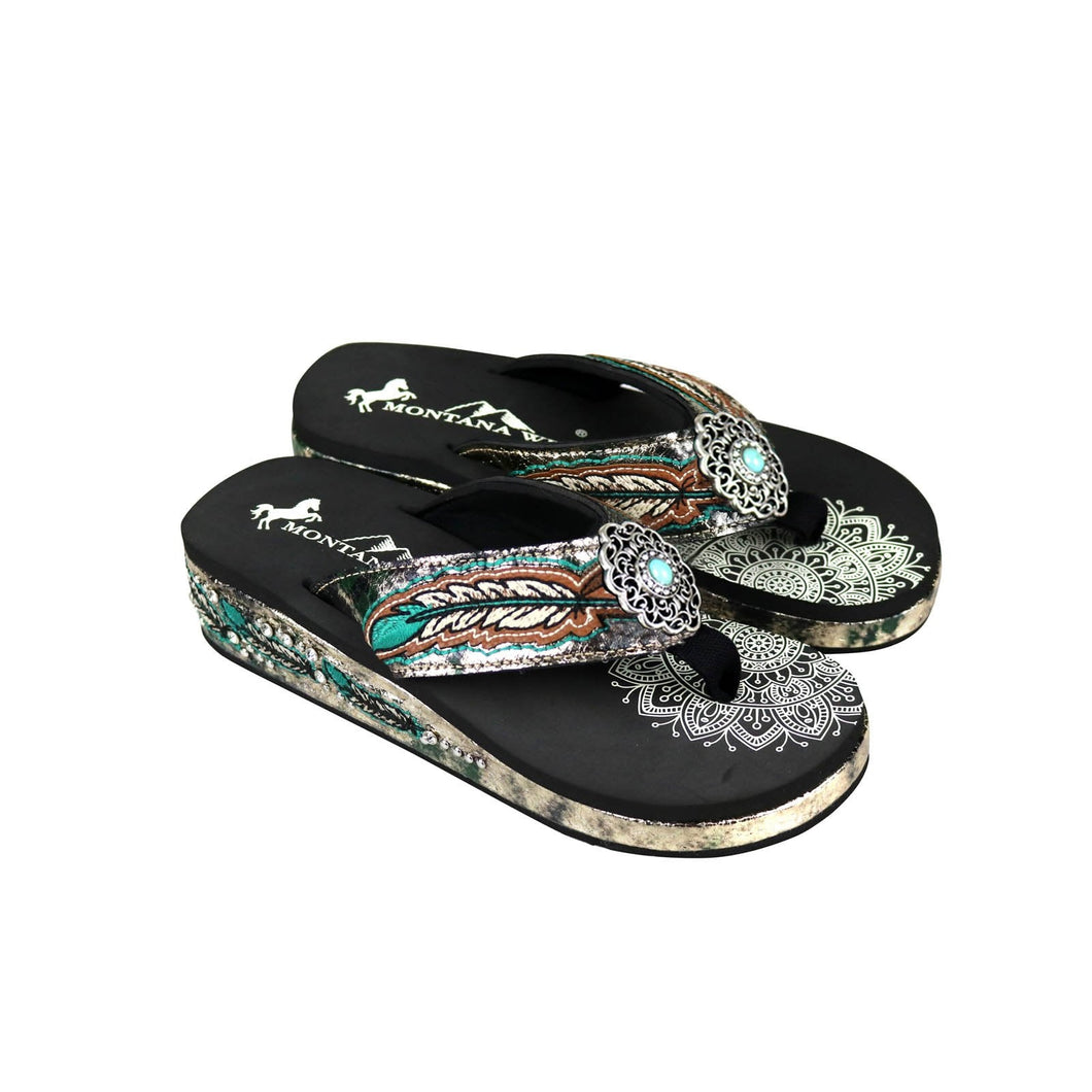 Western Feather Embroidered Flip Flops