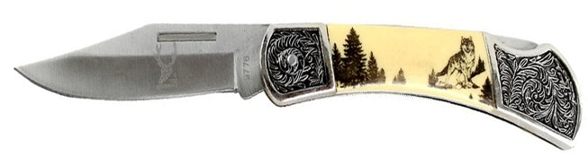 Western Folding Pocket Knife with Wolf Scene