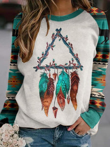 Aztec Ethnic Geometric Feathers Print Lightweight Sweatshirt