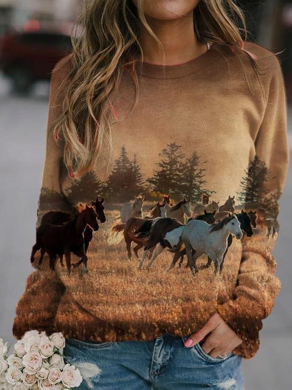 Brown Running Horse Print Lightweight Sweatshirt