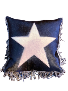 Western Cowhide Accent Pillow with Star & Fringe