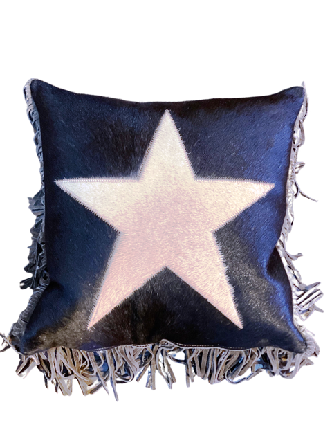 Western Cowhide Accent Pillow with Star & Fringe